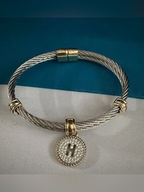 Two-Tone Silver and Gold Initial H Pendant Cable Bracelet